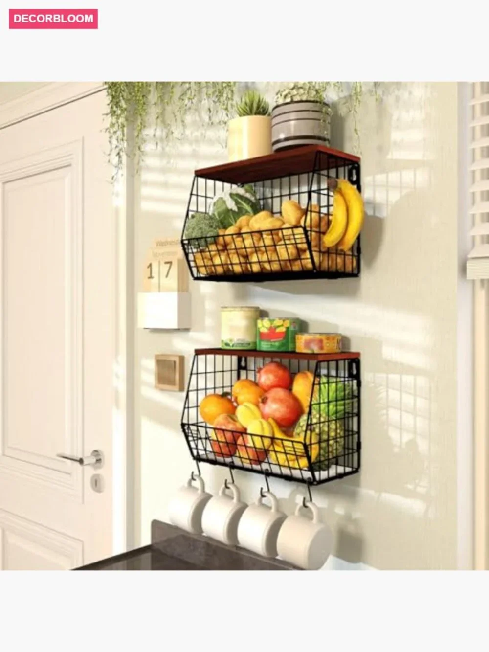 2-Pack Stackable Fruit Basket with Wood Lid, 11.8 x 7.9 x 8.5 In, Metal Wire